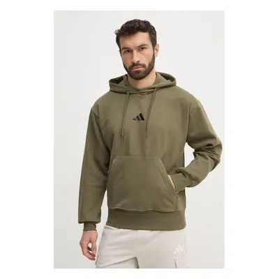 Mikina adidas Feelcozy pánská, zelená barva, s kapucí, hladká, JE3799