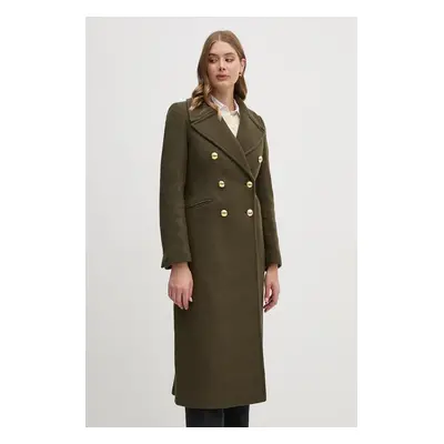 Vlněný kabát Barbour Reva Wool Military Coat zelená barva, přechodný, dvouřadový, LWO0234