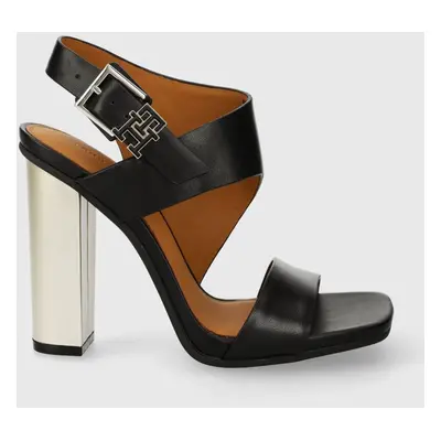 Kožené sandály Tommy Hilfiger TH HARDWARE BLOCK HIGH HEEL černá barva, FW0FW07886