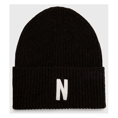 Čepice Norse Projects Merino Lambswool Rib N Logo Beanie hnědá barva, N95.0953.1037