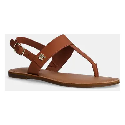 Kožené sandály Tommy Hilfiger LEATHER THONG SANDAL dámské, hnědá barva, FW0FW08505