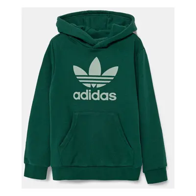 Dětská mikina adidas Originals zelená barva, s kapucí, s potiskem, JD1648