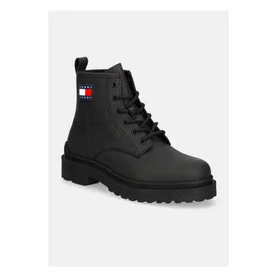 Kožené boty Tommy Jeans TJM LEATHER LACE UP BOOT pánské, černá barva, EM0EM01447