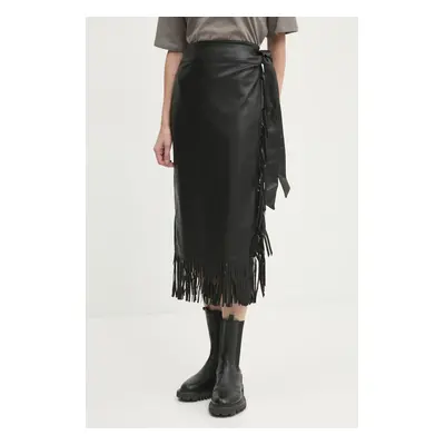 Kožená sukně Never Fully Dressed Vegan Leather Fringe Jaspre černá barva, midi, pouzdrová, NFDSK