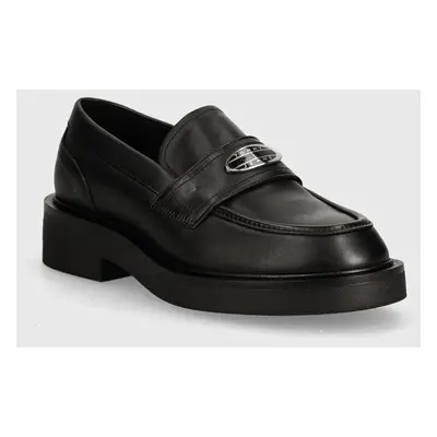 Kožené mokasíny Tommy Jeans TJW FLAT LOAFER dámské, černá barva, na plochém podpatku, EN0EN02557