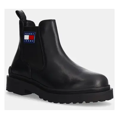 Kožené kotníkové boty Tommy Jeans TJM LEATHER CHELSEA BOOT pánské, černá barva, EM0EM01448