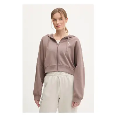 Mikina adidas Originals Essential dámská, hnědá barva, s kapucí, hladká, JN7846