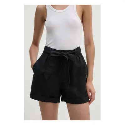 Lněné kraťasy Polo Ralph Lauren černá barva, hladké, high waist, 211806907