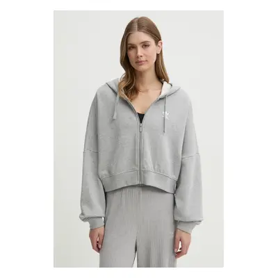 Bavlněná mikina adidas Originals Essential dámská, šedá barva, s kapucí, melanžová, JN7844