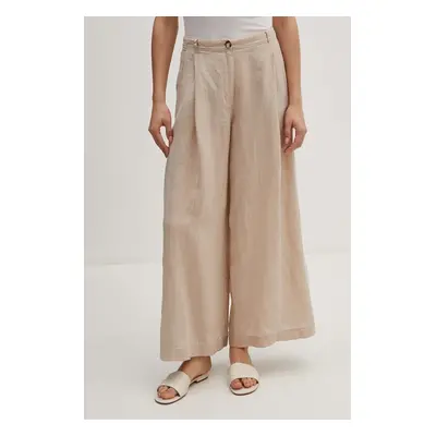 Lněné kalhoty Sisley béžová barva, jednoduché, high waist, 41I4LF04E