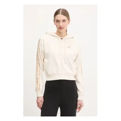 Mikina adidas Essentials Animal dámská, béžová barva, s kapucí, vzorovaná, JM1665