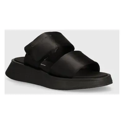 Pantofle Calvin Klein Jeans SLIDE DOUBLE STRAP SANDAL DC dámské, černá barva, na platformě, YW0Y