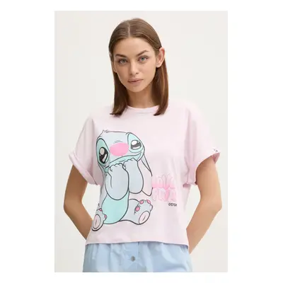 Bavlněné pyžamové tričko United Colors of Benetton LILO&STITCH růžová barva, bavlněná, 30963M07C