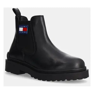 Kožené kotníkové boty Tommy Jeans TJM LEATHER CHELSEA BOOT pánské, černá barva, EM0EM01448