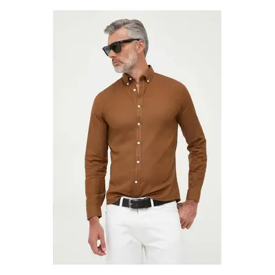 Košile Lindbergh pánská, hnědá barva, slim, s límečkem button-down