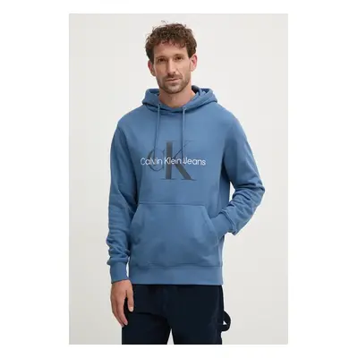 Bavlněná mikina Calvin Klein Jeans pánská, modrá barva, s kapucí, s potiskem