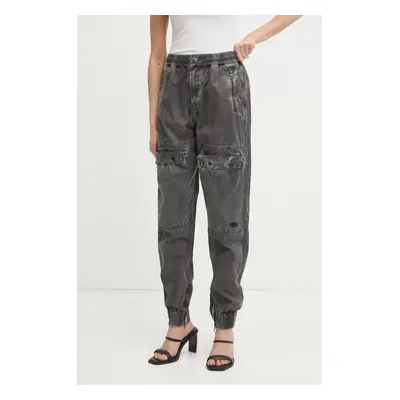 Bavlněné kalhoty Diesel P-RIDE-Q3 TROUSERS šedá barva, kapsáče, high waist, A17383.0NJBP