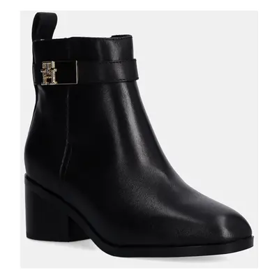 Kožené kotníkové boty Tommy Hilfiger TH LOGO MID HEEL BOOTIE dámské, černá barva, na podpatku, F