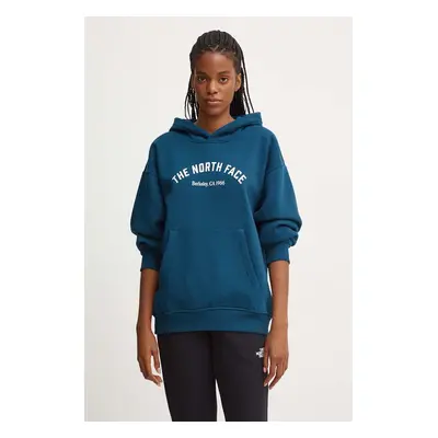 Mikina The North Face Hoodie Varsity Graphic dámská, tyrkysová barva, s kapucí, s potiskem, NF0A