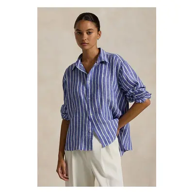 Lněná košile Polo Ralph Lauren modrá barva, relaxed, s klasickým límcem, 211935130