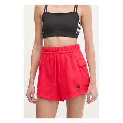 Kraťasy adidas Essentials dámské, červená barva, s aplikací, medium waist, JC5704