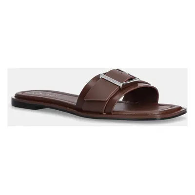 Kožené pantofle Calvin Klein FLAT SLIDE W/BUCKLE - LTH dámské, hnědá barva, HW0HW02490