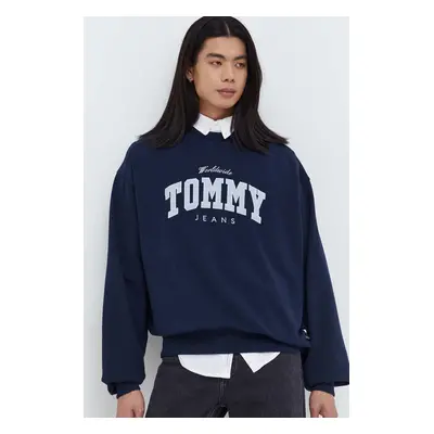 Bavlněná mikina Tommy Jeans pánská, tmavomodrá barva, s potiskem, DM0DM18386