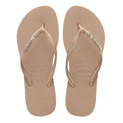 Žabky Havaianas SLIM METAL LOGO AND CRYSTAL dámské, béžová barva, na plochém podpatku, 4129769-3