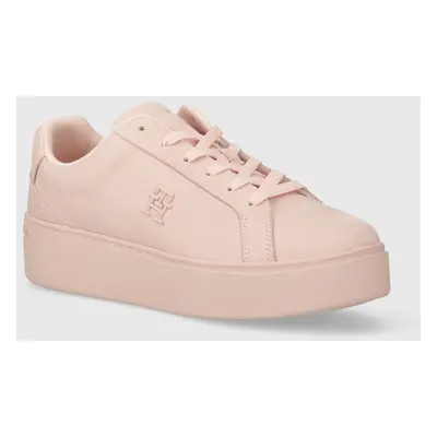 Kožené sneakers boty Tommy Hilfiger PLATFORM COURT SNEAKER NUBUCK růžová barva, FW0FW07912