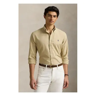 Bavlněná košile Polo Ralph Lauren béžová barva, slim, s límečkem button-down, 710960643