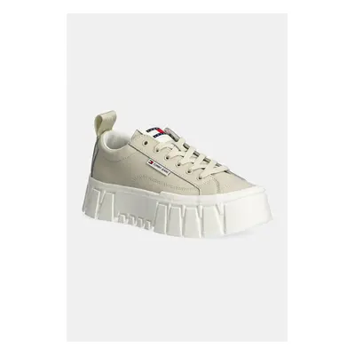 Kožené sneakers boty Tommy Jeans TJW VULC FLATFORM LC LEATHER béžová barva, EN0EN02610