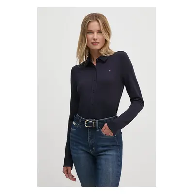 Košile Tommy Hilfiger dámská, tmavomodrá barva, slim, s klasickým límcem, WW0WW42906