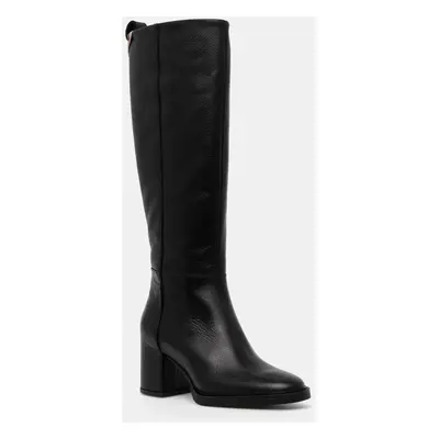 Kožené kozačky Tommy Hilfiger LONG BOOT MID WRAPPED LTHR HEEL dámské, černá barva, na podpatku, 