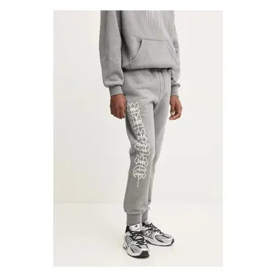 Bavlněné tepláky PURPLE BRAND HWT FLEECE JOGGER šedá barva, s potiskem, P490-HHGG125