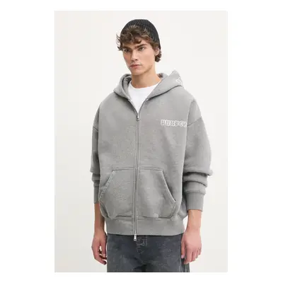 Bavlněná mikina PURPLE BRAND HWT FLEECE ZIP FRONT HOODY pánská, šedá barva, s kapucí, s potiskem