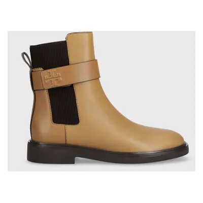 Kožené kotníkové boty Tory Burch DOUBLE T CHELSEA BOOT dámské, hnědá barva, na plochém podpatku,