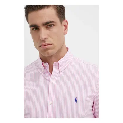 Košile Polo Ralph Lauren pánská, růžová barva, slim, s límečkem button-down, 710929344