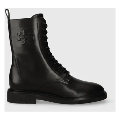 Kožené kotníkové boty Tory Burch DOUBLE T COMBAT BOOT dámské, černá barva, na plochém podpatku, 