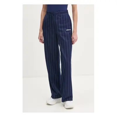 Kalhoty adidas Originals PINSTRIPE PANTS dámské, tmavomodrá barva, jednoduché, high waist, JJ348