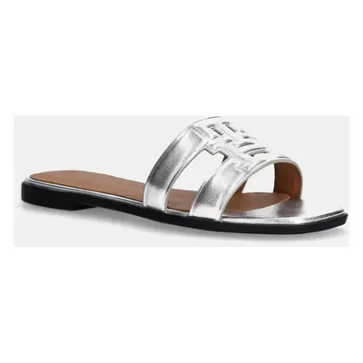 Kožené pantofle Tommy Hilfiger TH LOGO STRAP METALLIC MULE dámské, stříbrná barva, FW0FW08676