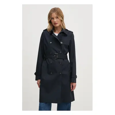 Trench kabát Tommy Hilfiger dámský, tmavomodrá barva, přechodný, dvouřadový, WW0WW42133