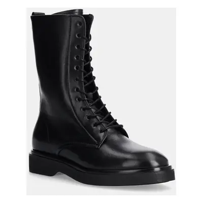 Kožené workery Calvin Klein FLAT MID LACE UP BOOT LTH dámské, černá barva, na plochém podpatku, 