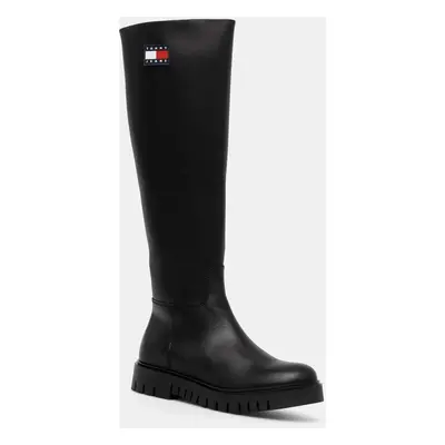 Kozačky Tommy Jeans TJW LONG SHAFT BOOT dámské, černá barva, na plochém podpatku, EN0EN02627