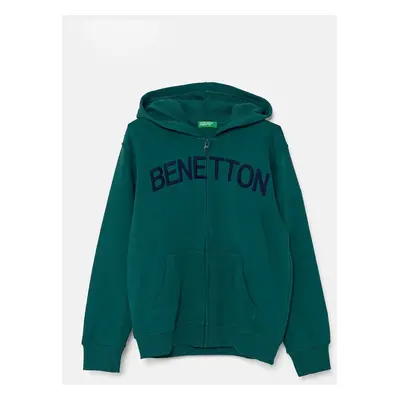 Dětská bavlněná mikina United Colors of Benetton zelená barva, s kapucí, vzorovaná, 3J68C503X