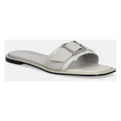 Kožené pantofle Calvin Klein FLAT SLIDE W/BUCKLE - LTH dámské, béžová barva, HW0HW02490