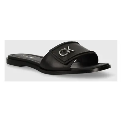 Kožené pantofle Calvin Klein FLAT SLIDE RELOCK LTH dámské, černá barva, HW0HW01939