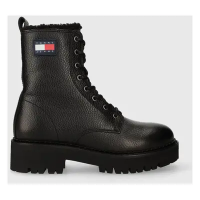 Kožené workery Tommy Jeans TJW URBAN BOOT TUMBLED LTR WL dámské, černá barva, na plochém podpatk