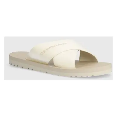 Pantofle Calvin Klein Jeans CROSS SANDAL SLIPON RP IN BTW pánské, béžová barva, YM0YM00942