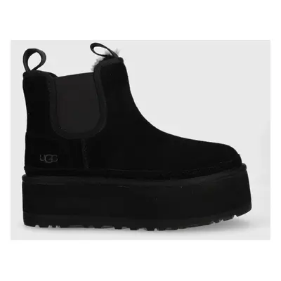 Semišové kotníkové boty UGG W Neumel Platform Chelsea dámské, černá barva, na platformě, zateple