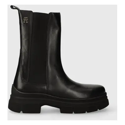 Kožené kotníkové boty Tommy Hilfiger ESSENTIAL LEATHER CHELSEA BOOT dámské, černá barva, na ploc